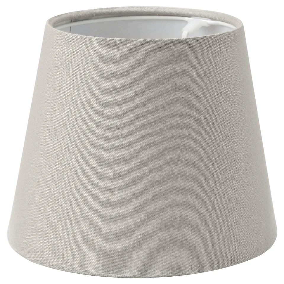 SKOTTORP grey fabric lampshade with conical shape and simple design.
