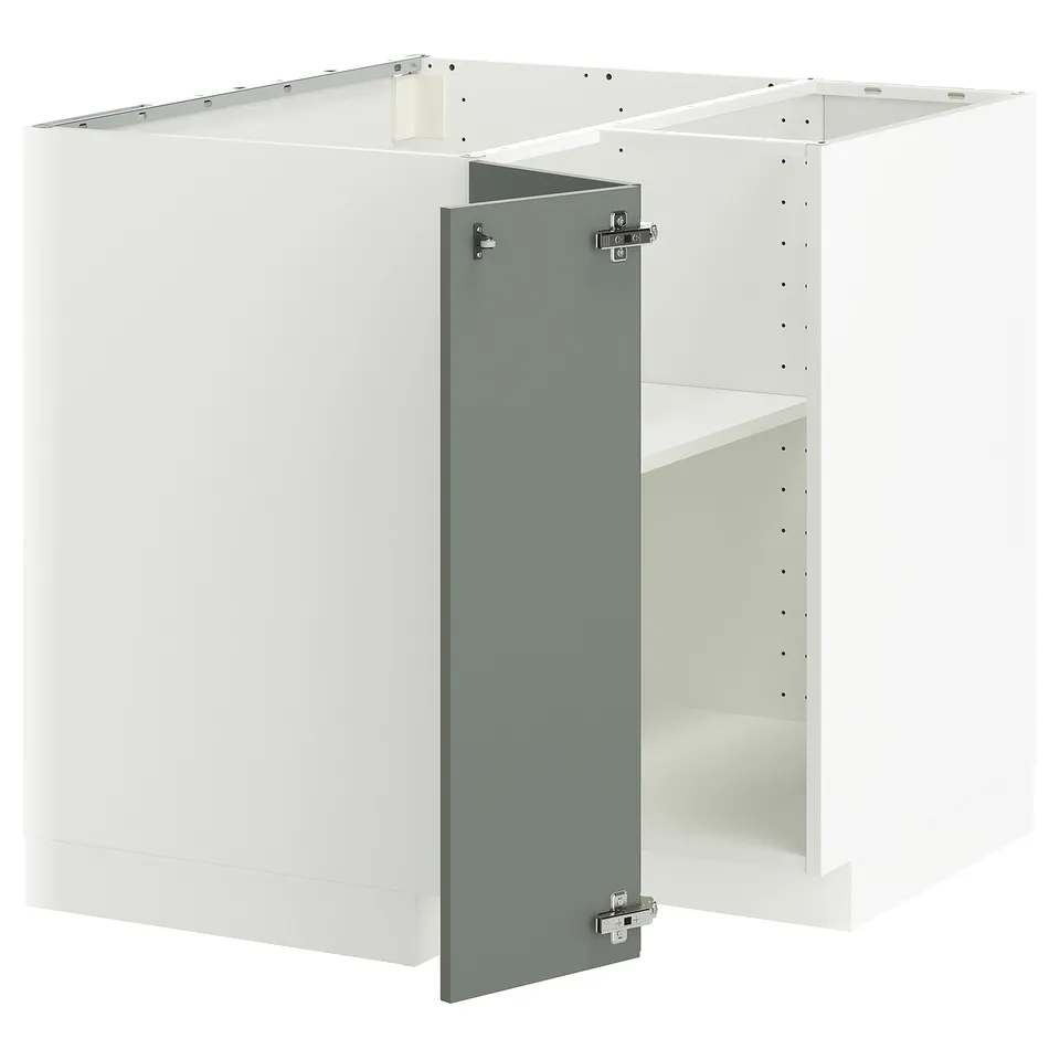 A METOD kitchen module with a gray-green nickebo front, featuring a sturdy frame and adjustable shelves.