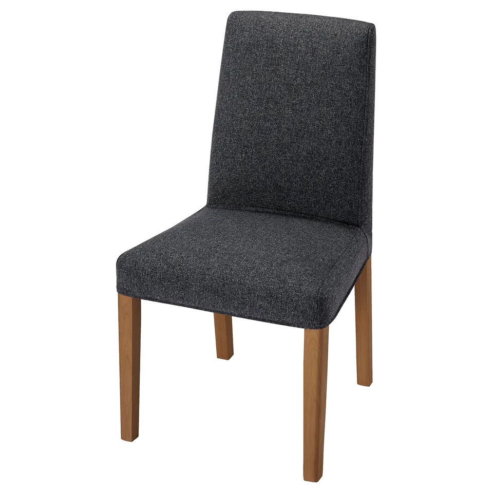 Modern BERGMUND chair with dark grey upholstery and wooden legs, sleek design for dining or office.