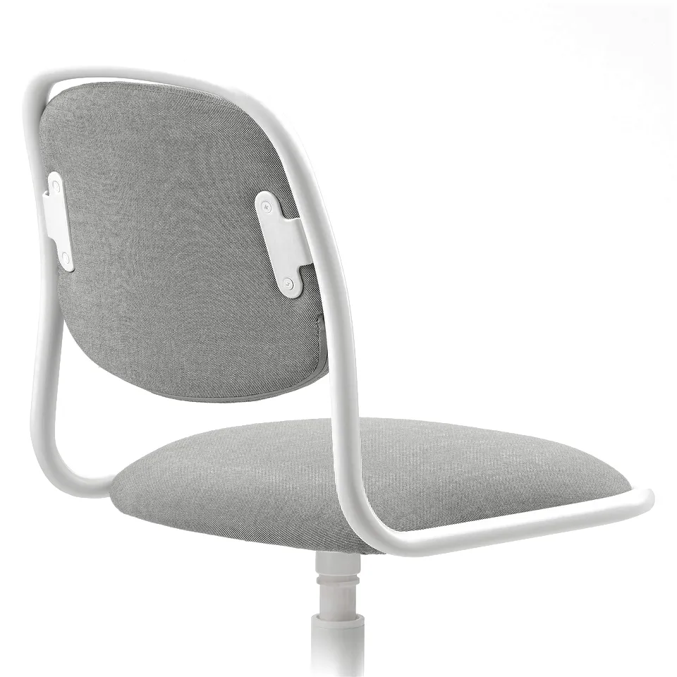 Modern desk chair with light grey fabric seat and back, white frame. Designed for comfort and easy movement.