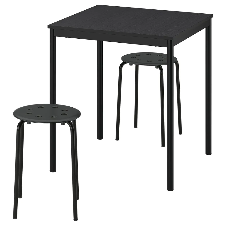 Black sandberg table and stools set. Square table, round stools with metal legs, modern minimalist design.
