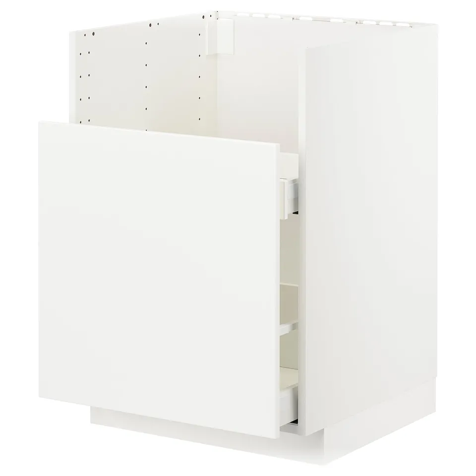 White METOD kitchen cabinet, modern minimalist design, with integrated handles, and smooth-closing drawers.