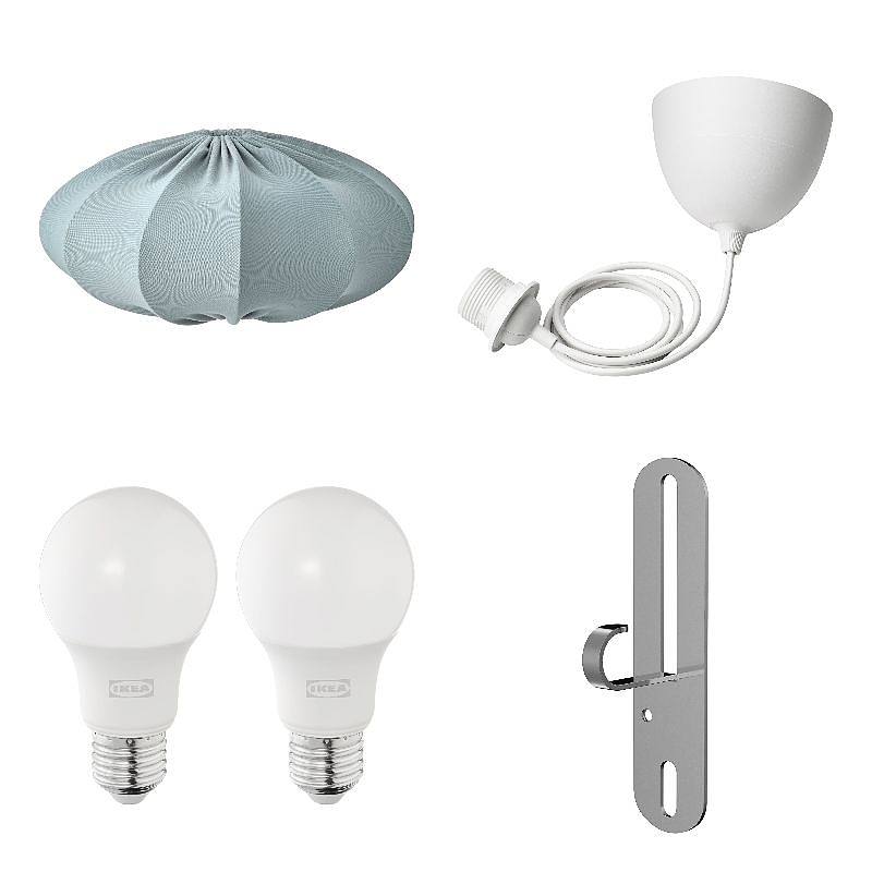 FÖRUT/HAVSDJUP/REGNSKUR/SOLHETTA set: pendant lamp shade + cord set + LED bulb E27 470 lumen + pendant/ceiling lamp hook, oval turquoise + white + globe opal white, 52 cm