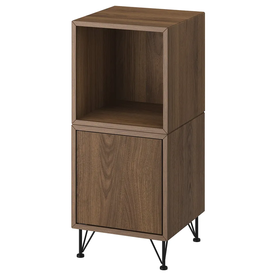 Brown EKET storage unit with open & closed sections, raised on metal legs.