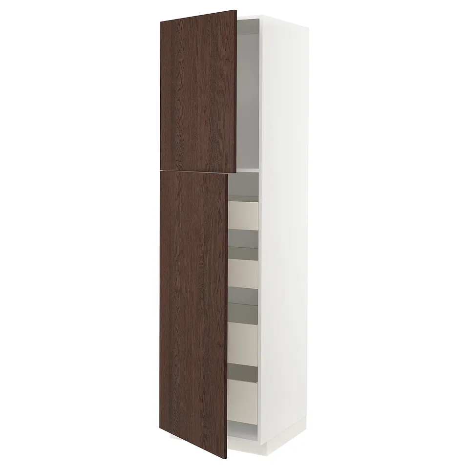 An open METOD kitchen cabinet with dark brown sinarp wooden doors. It has multiple shelves inside.