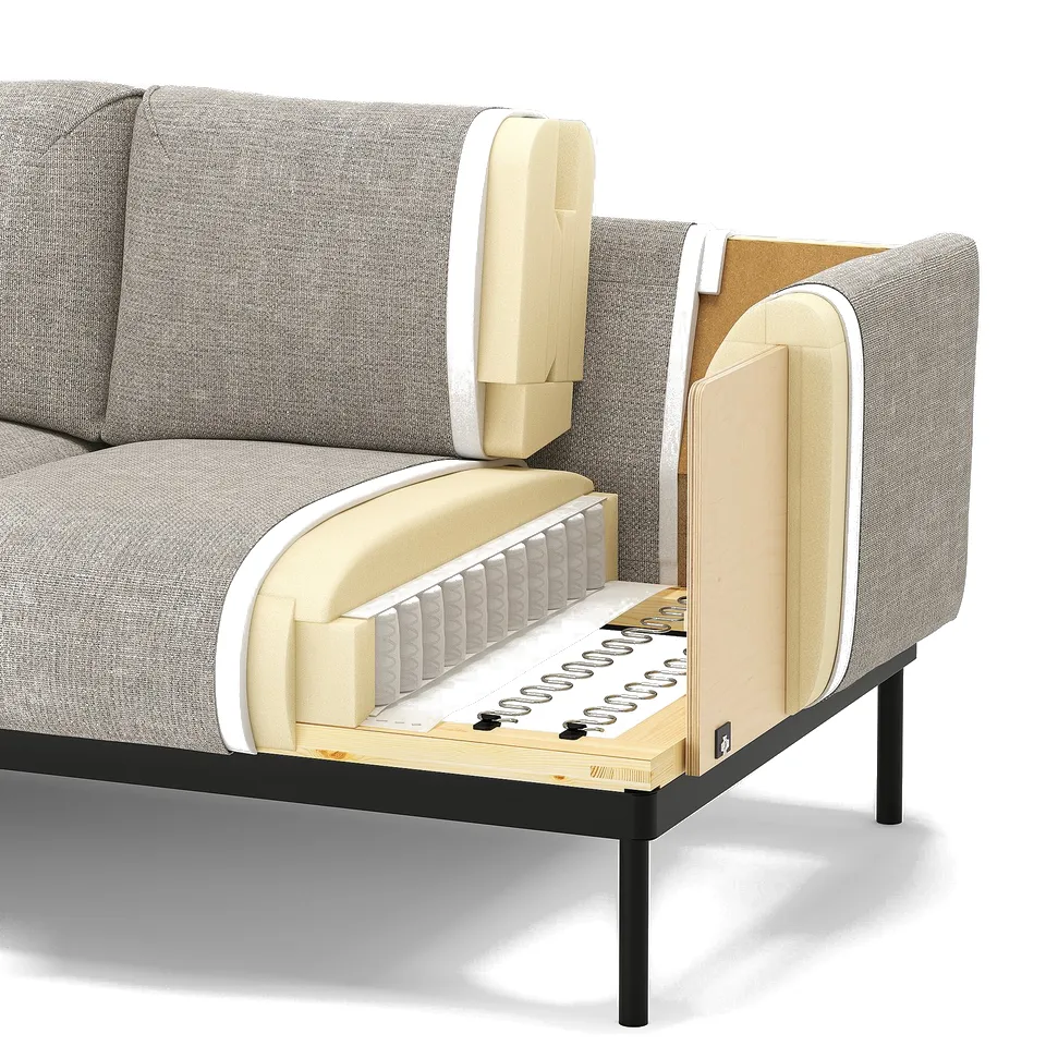 Cut-away sofa shows layers: cushions with polyester thread, cotton-polyester fabric, steel springs, laminated wooden frame, and polypropylene parts.