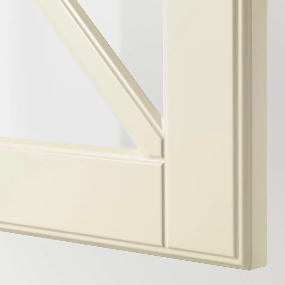Bevelled edge glass panel, off-white frame, clean lines.