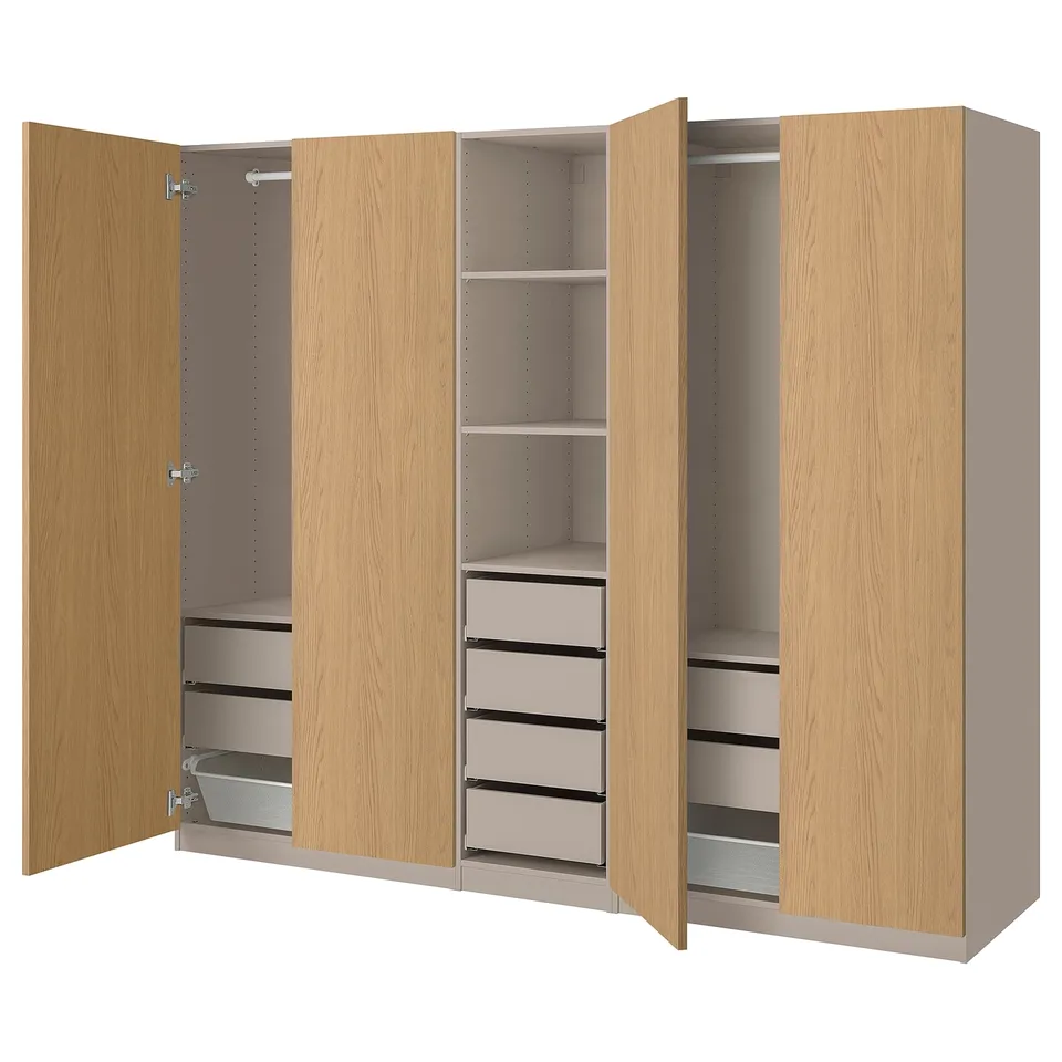 PAX wardrobe, light wood, four doors, two hanging spaces, four shelves, four drawers, modern design.