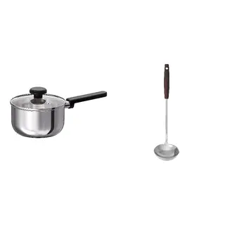 MIDDAGSMAT/SLITSTARK set: saucepan with lid + ladle with separator, clear glass/stainless steel + stainless steel/walnut, 2 l