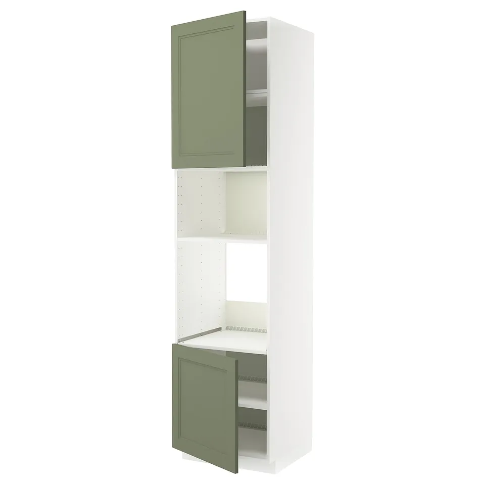 Vertical kitchen unit, white & green, modern design with open doors.