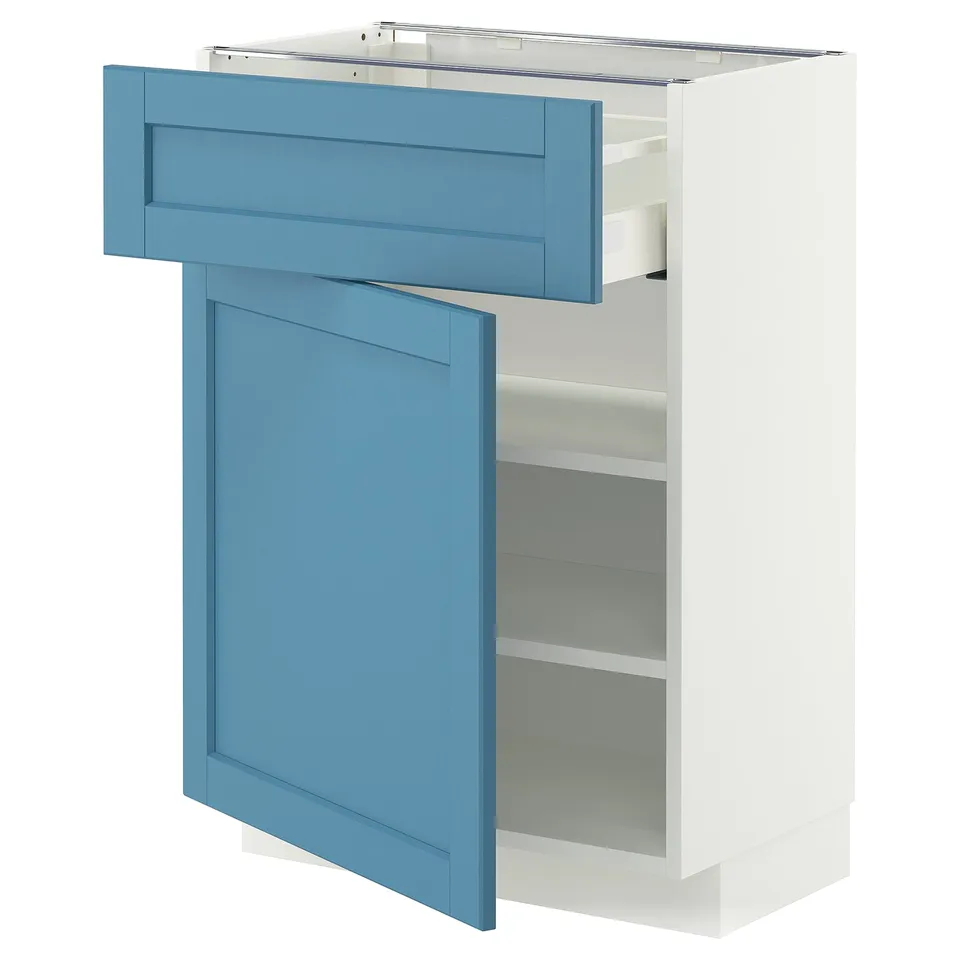 An open blue and white cabinet with a drawer and shelves.