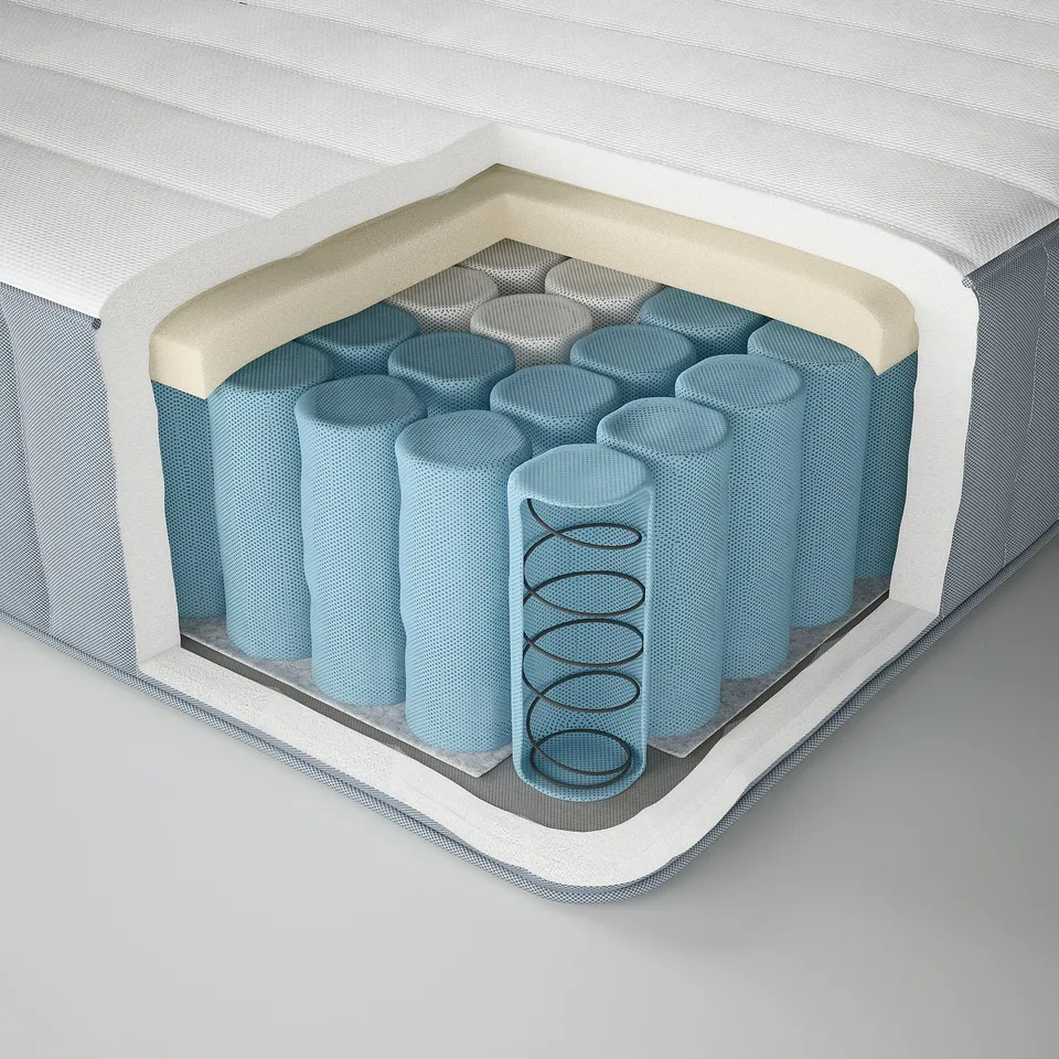 Cross-section of a mattress showing layers: cotton cover, polyester lining, polyurethane foam, and steel pocket springs.