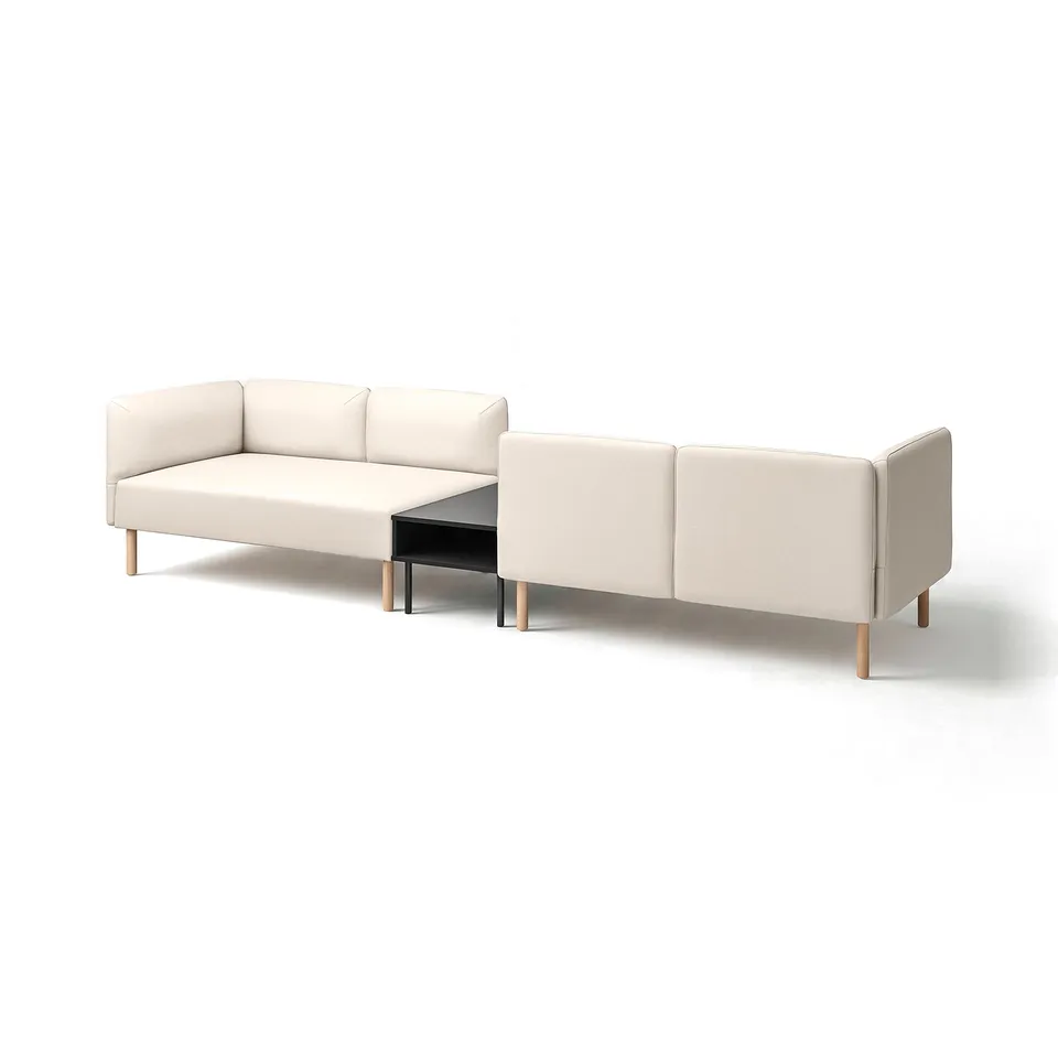 Modern, cream-colored LILLEHEM sectional sofa with wooden legs; low-profile, sleek design.