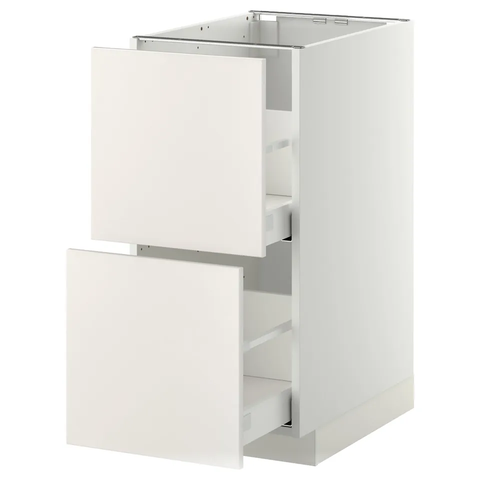 METOD kitchen cabinet with open drawers, minimalist design.