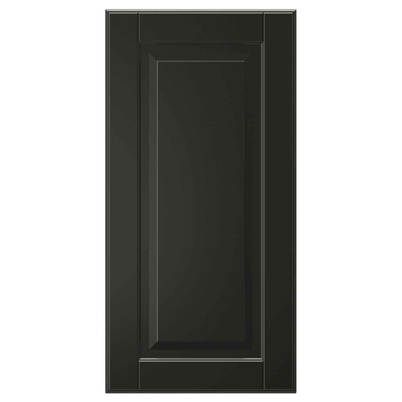 A black BODBYN cabinet door with a classic bevelled panel design, smooth lacquered surface.