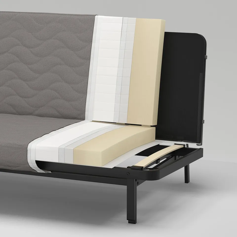 Modern adjustable sofa-bed with grey fabric, white, beige, and black foam layers, supported by metal frame.
