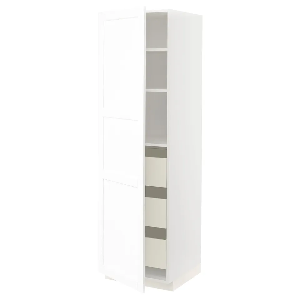 A white METOD kitchen cabinet with adjustable shelves. It a sleek, modern design with a slightly textured finish.