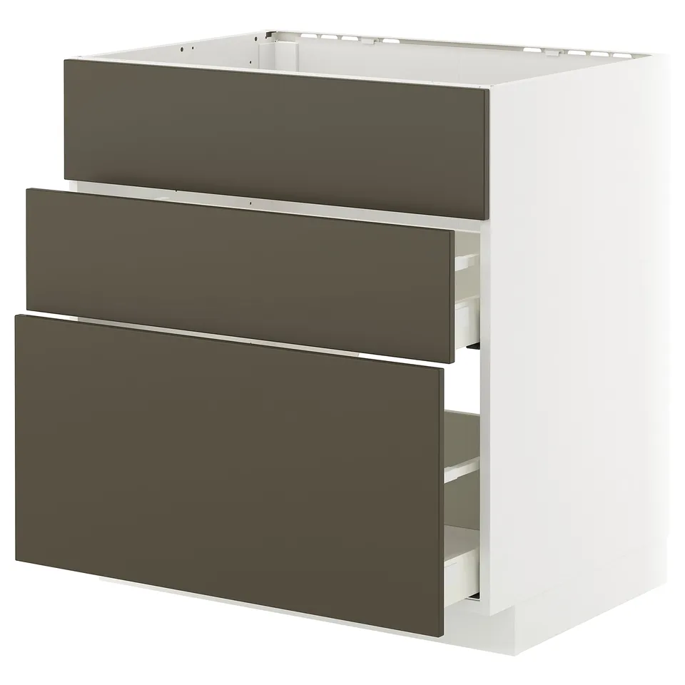 METOD kitchen unit with 3 dark brown drawers, undermounted in white frame, sleek design.
