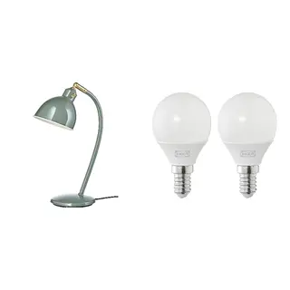 RÖDFLIK/SOLHETTA set: desk lamp + LED bulb E14 250 lumen, grey-green + globe opal white, Height 43 cm