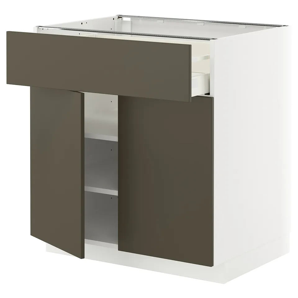 Modern kitchen unit, white with dark brown drawer, sleek design, has a shelf inside.