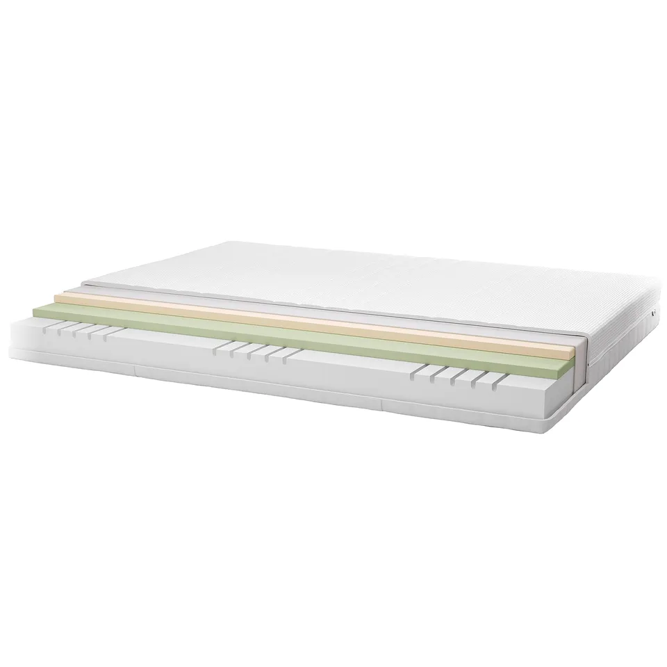 Cross-section of bed mattress: top - polyester ticking, middle - memory foam, bottom - support foam.