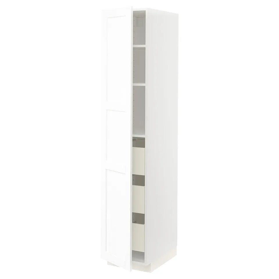 White METOD kitchen cabinet with adjustable shelves and screws visible.
