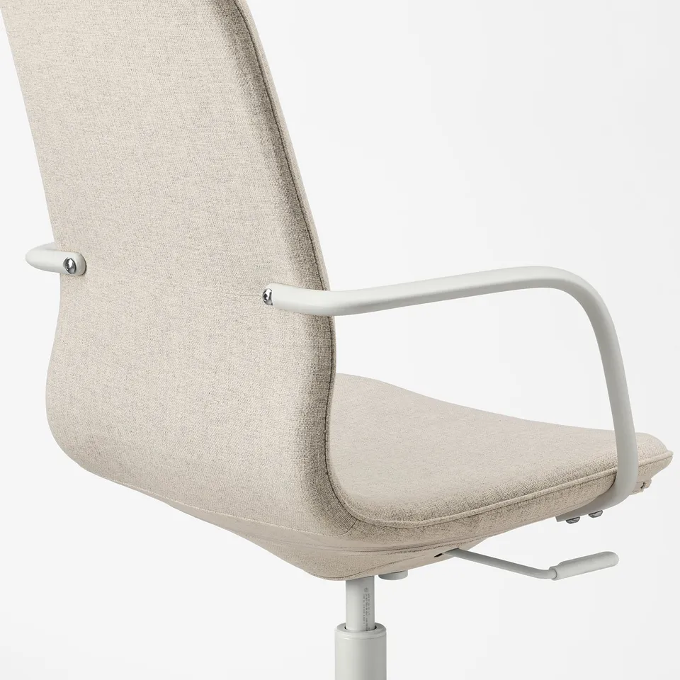 Beige office chair with adjustable armrests, high back, and tilt mechanism.