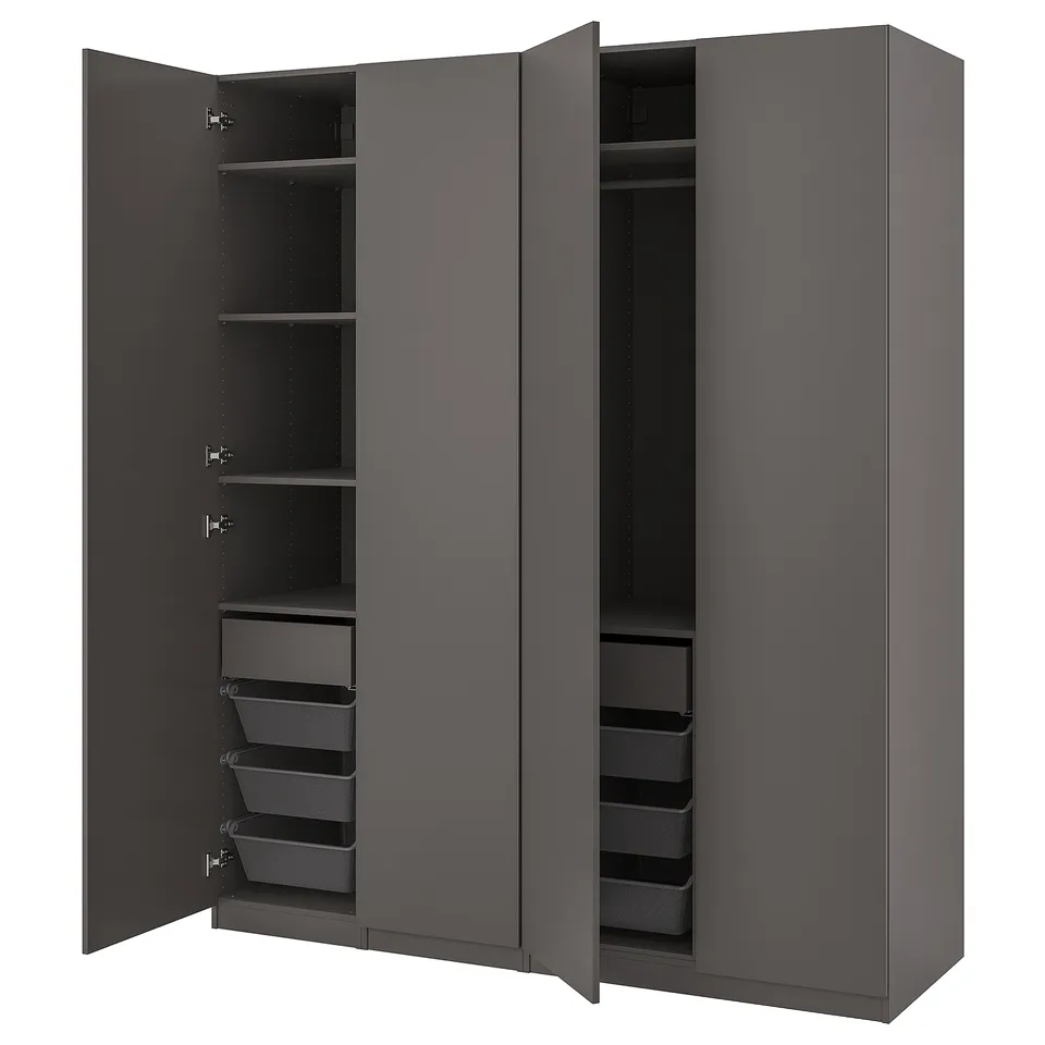 Open grey ikea PAX wardrobe showing shelves and mesh baskets.