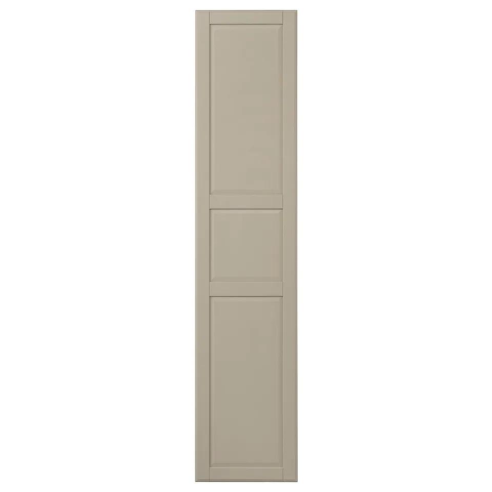 A TYSSEDAL grey-beige cabinet door with a classic panel design, featuring rounded edges and a durable painted finish.