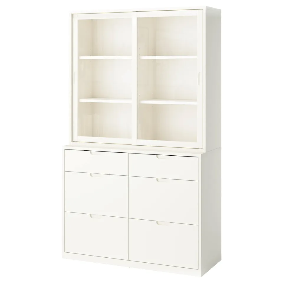 White TONSTAD furniture: cabinet & drawers, modern design, off-white finish, particleboard & glass.