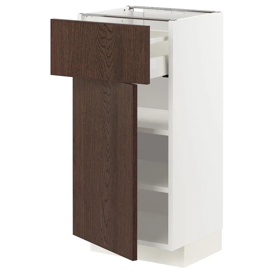 METOD kitchen cabinet: white with dark brown door, oak veneer, adjustable shelves, full-extension drawer.