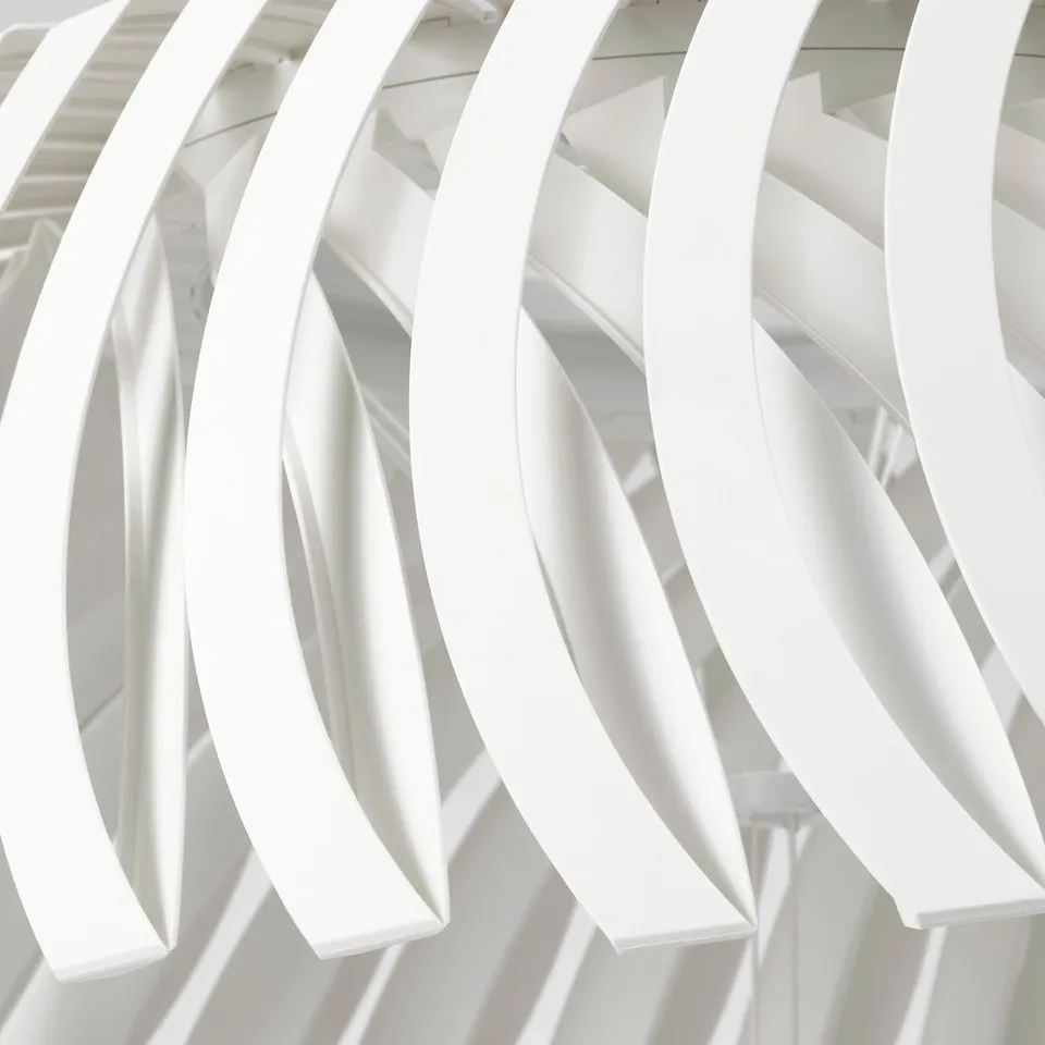 Modern white pendant lamp with adjustable, curved shades. Elegant and minimalist design.