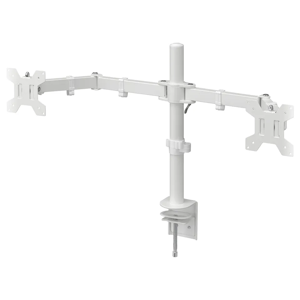 STUBBERGET dual-arm monitor bracket, white, metal, adjustable.