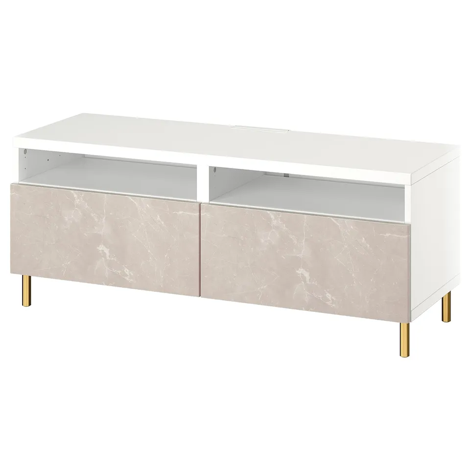 A white BESTÅ tv bench with marble-pattern drawers and gold legs, featuring open storage and cable management.