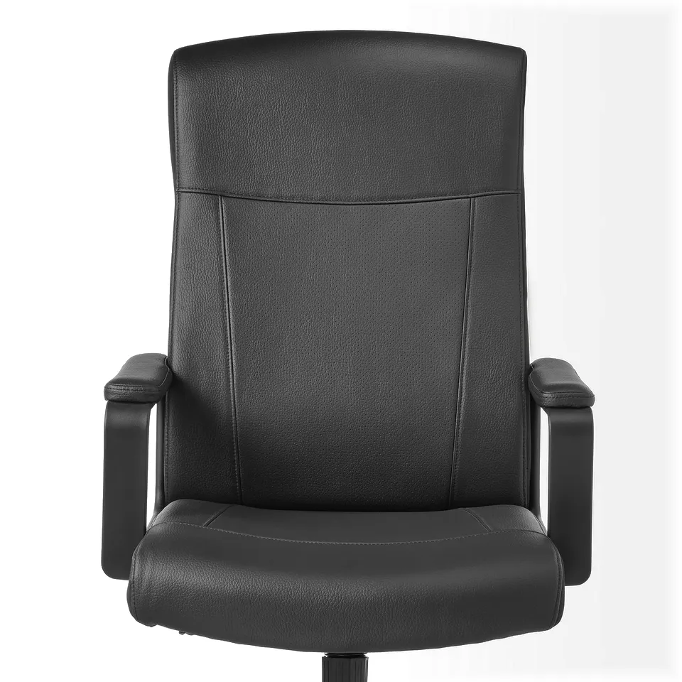 Black office chair with high back and armrests. Upholstered in breathable, durable fabric. Designed for comfort and support.