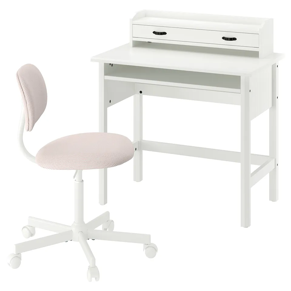A compact white study set-up featuring a small desk with drawers and a matching swivel chair with a light pink seat.