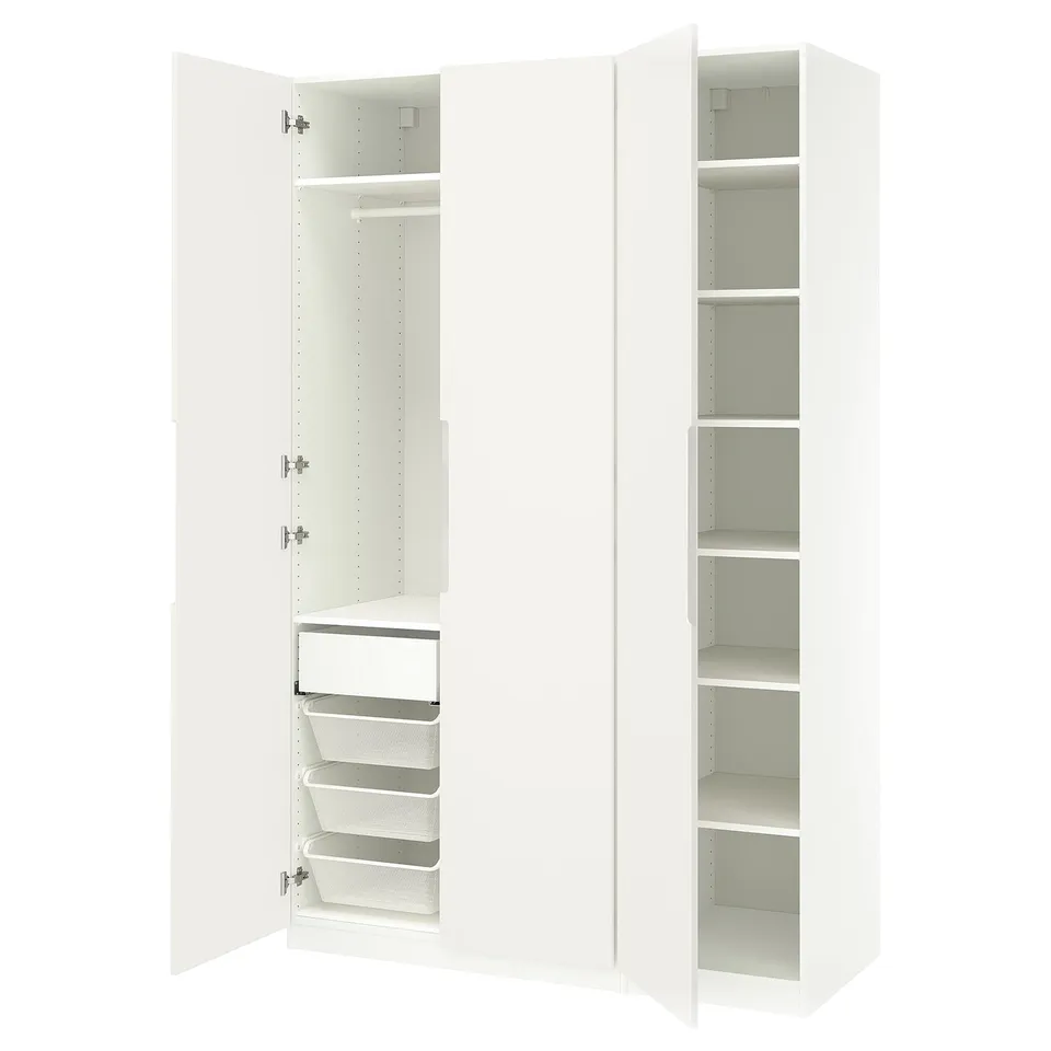 White PAX wardrobe with open doors, showing shelves and mesh baskets.