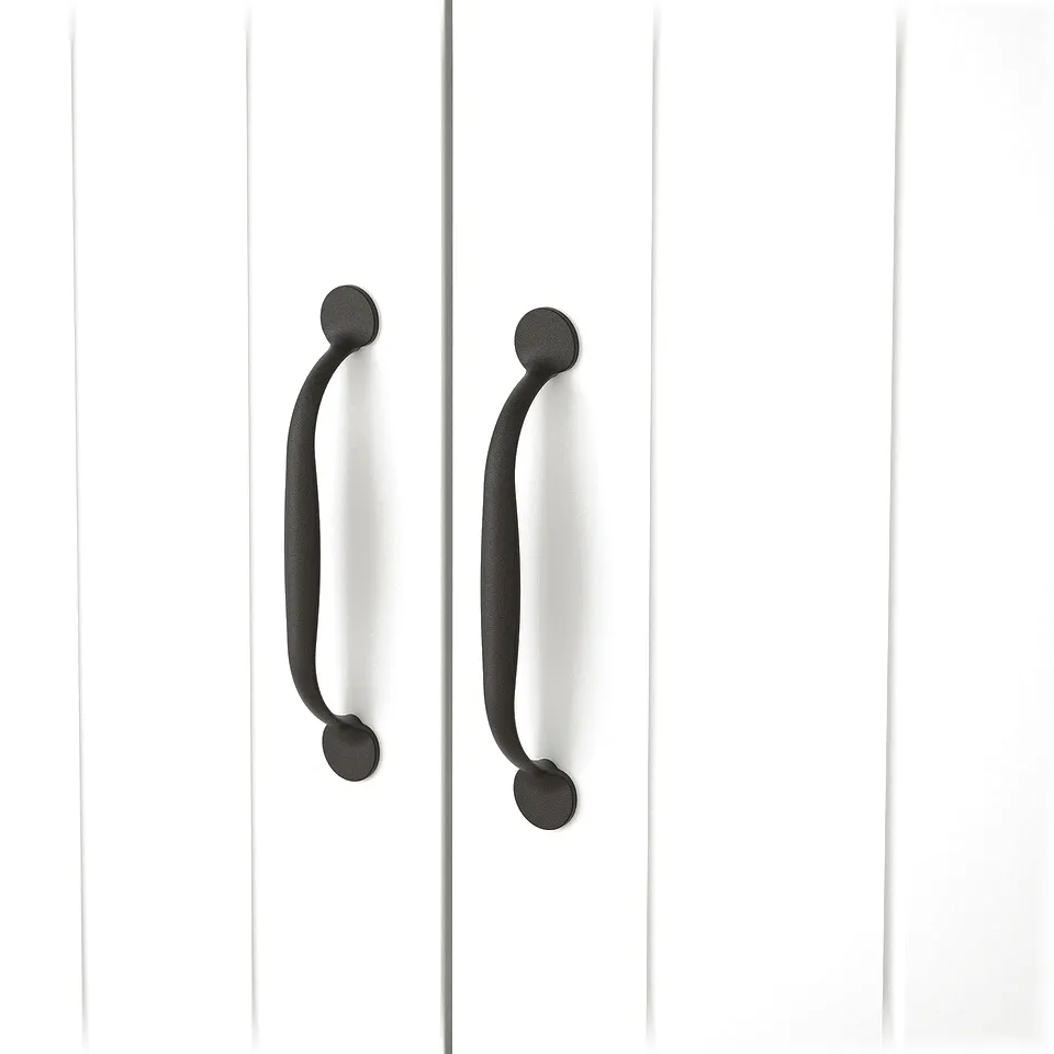 Two sleek, black cabinet handles mounted on a smooth, white wooden cabinet, showcasing modern design and quality craftsmanship.