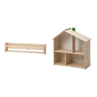 FLISAT set: wall storage + doll's house/wall shelf, light white stained pine, 70x9x16 cm