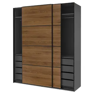 PAX / MEHAMN wardrobe with sliding doors, dark grey black/double sided walnut, 200x66x236 cm