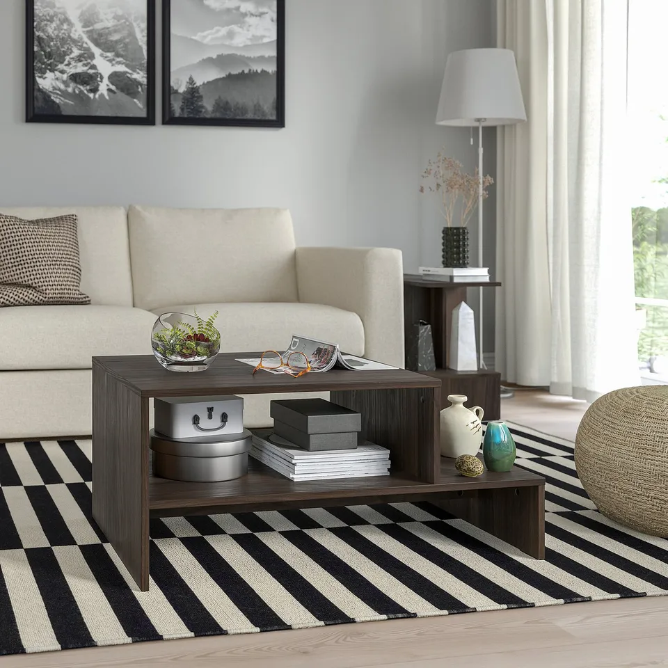 HOLMERUD coffee table with open storage on striped rug, holding books, plant, and decor.