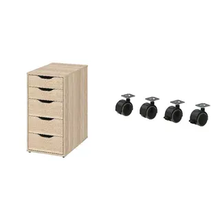 ALEX set: drawer unit + castor, white stained/oak effect + black, 36x70 cm