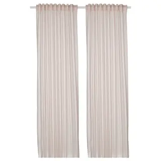 BYMOTT curtains, 1 pair, white/beige striped/with heading tape, 120x250 cm