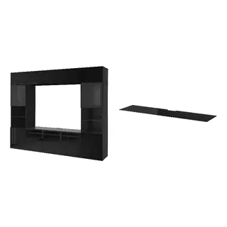 BESTÅ set: TV storage combination/glass doors + top panel for TV, black-brown/Selsviken high-gloss/black clear glass + glass black, 300x42x231 cm