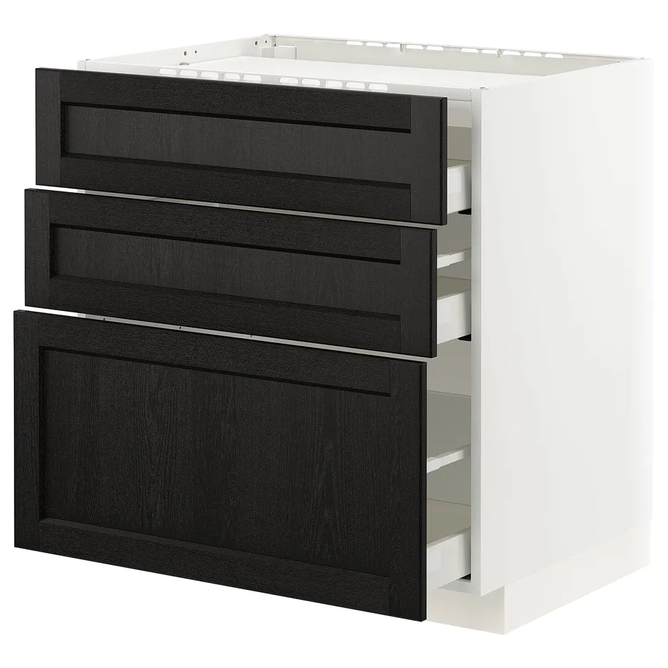 A modern white kitchen cabinet with three dark brown drawers, each with bevelled edges, providing ample storage.