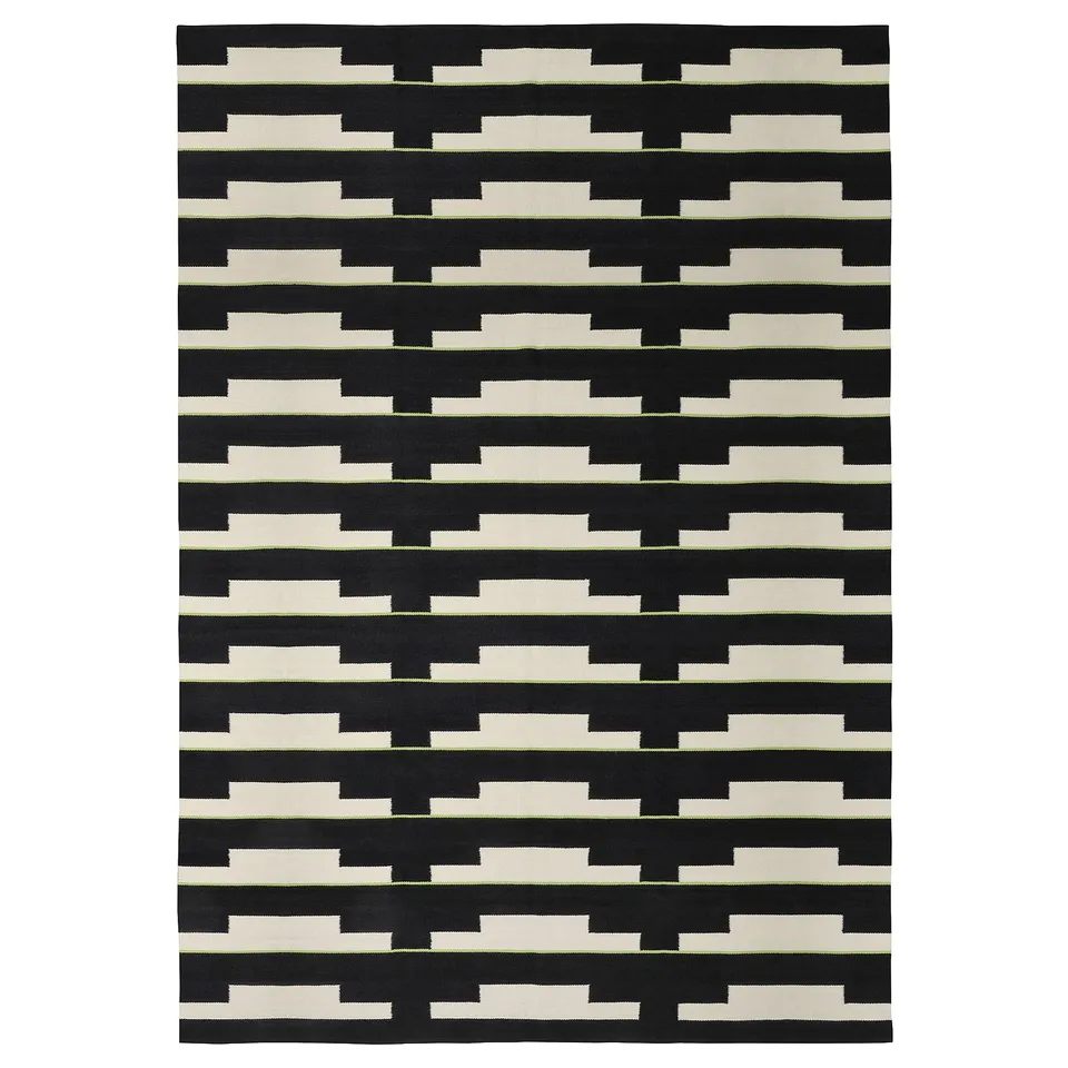 Black & white geometric rug, handwoven, reversible, wool & cotton.