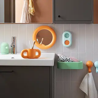 HUMLESJÖN set: timer with suction cup + mug + mirror with suction cup + soap dispenser + basket with suction cup + hook with suction cup, turquoise + orange + light green + orange/turquoise, Height 17 x Width 10 cm