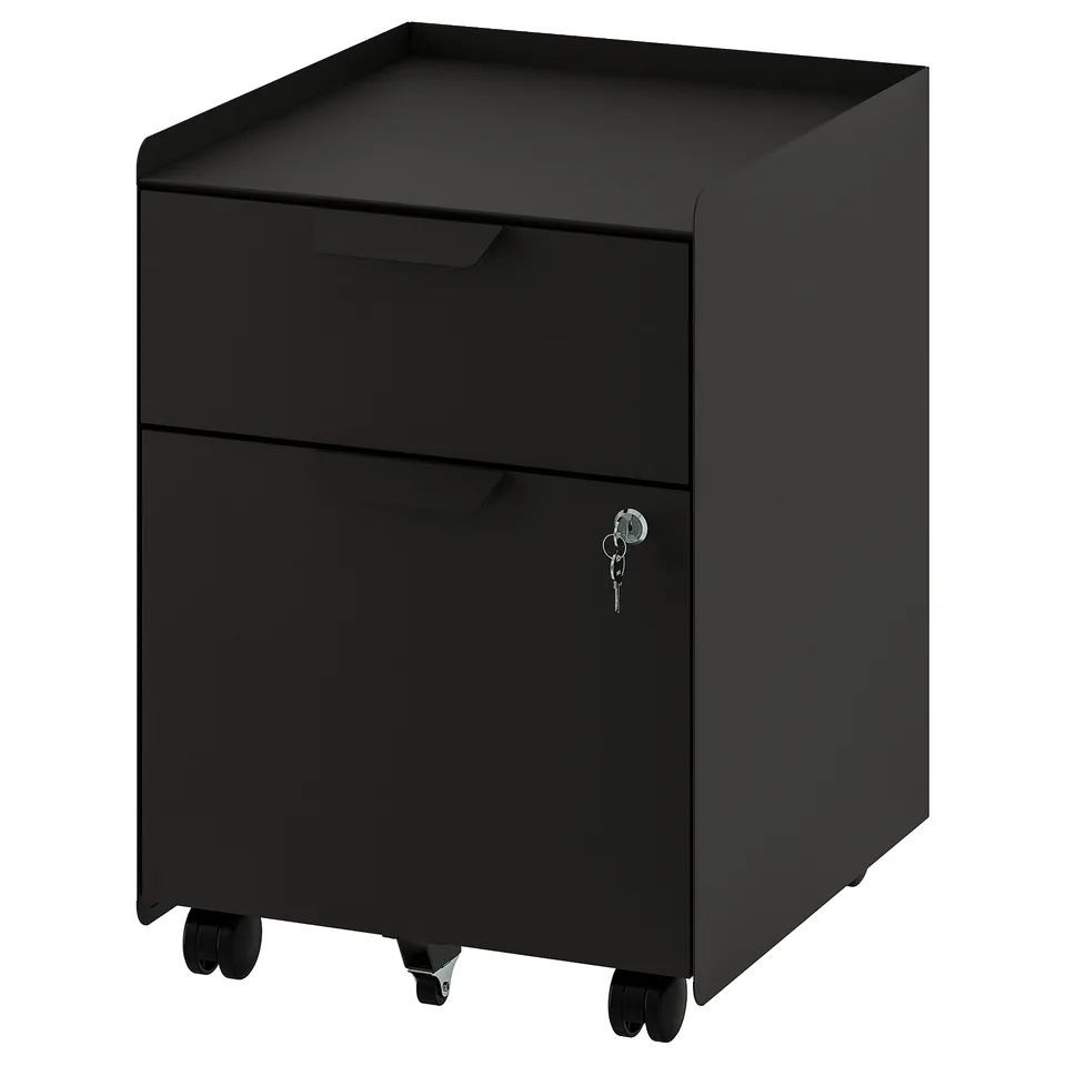 A black trotton file cabinet on wheels. It has a sleek, rectangular design with a lock for secure storage.