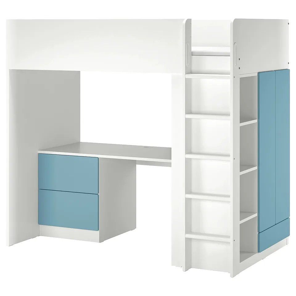 A white and blue kids loft bed with desk, wardrobe, and shelves. Efficient space-saving design for small rooms.