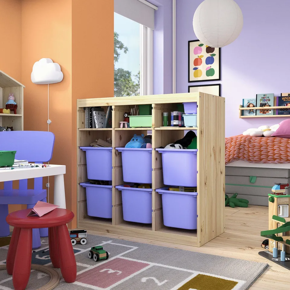TROFAST Storage combination, with shelves/boxes room divider/light white stained pine lilac, 93x44x91 cm
